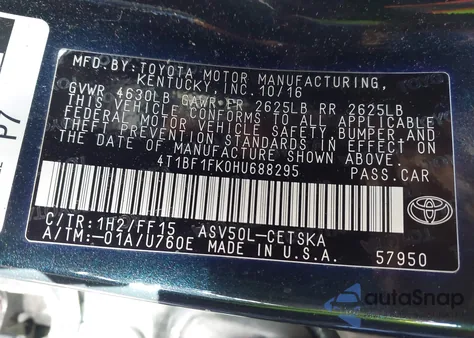 2017 Toyota Camry Se from USA, damaged, VIN 4T1BF1FK0HU688295